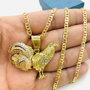 18K Gold Filled Tri Color CZ Chicken Rooster Pendant Necklace Mariner Chain 24"